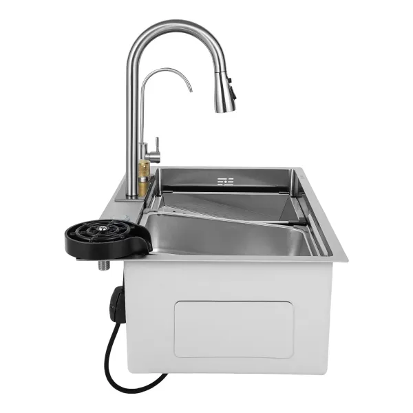 Fregadero de cocina de un solo cuenco, fregadero de bar cascada, de acero inoxidable, juego de fregadero, fregadero integrado con grifo extraíble