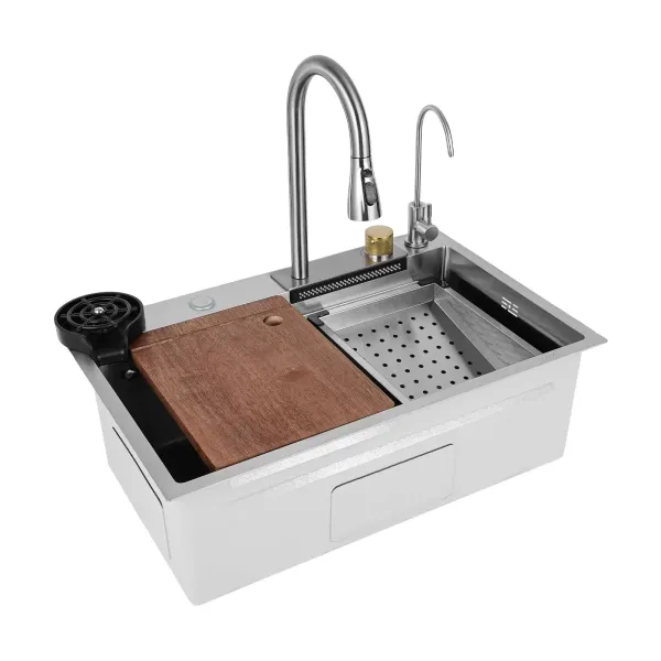 Fregadero de cocina de un solo cuenco, fregadero de bar cascada, de acero inoxidable, juego de fregadero, fregadero integrado con grifo extraíble