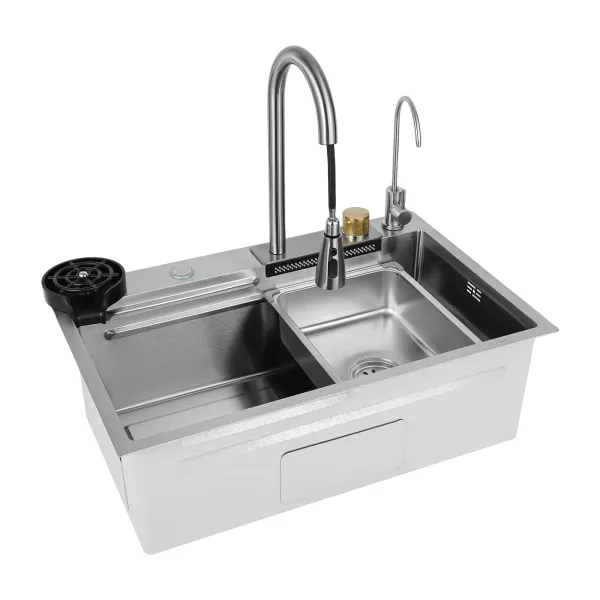 Fregadero de cocina de un solo cuenco, fregadero de bar cascada, de acero inoxidable, juego de fregadero, fregadero integrado con grifo extraíble
