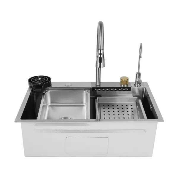 Fregadero de cocina de un solo cuenco, fregadero de bar cascada, de acero inoxidable, juego de fregadero, fregadero integrado con grifo extraíble