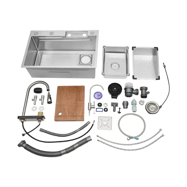 Fregadero de cocina de un solo cuenco, fregadero de bar cascada, de acero inoxidable, juego de fregadero, fregadero integrado con grifo extraíble