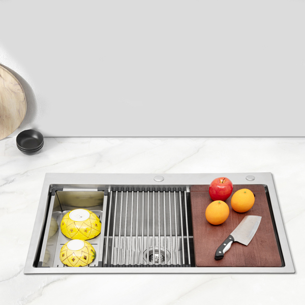 Fregadero de acero inoxidable 304, estación de trabajo, 33 pulgadas, con tabla de cortar y colador, para apartamentos, restaurantes, 83,82 x 55,88 cm