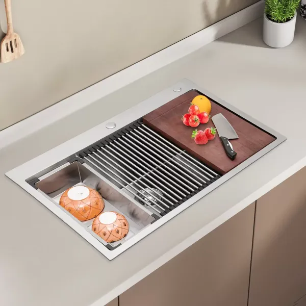 Fregadero de acero inoxidable 304, estación de trabajo, 33 pulgadas, con tabla de cortar y colador, para apartamentos, restaurantes, 83,82 x 55,88 cm