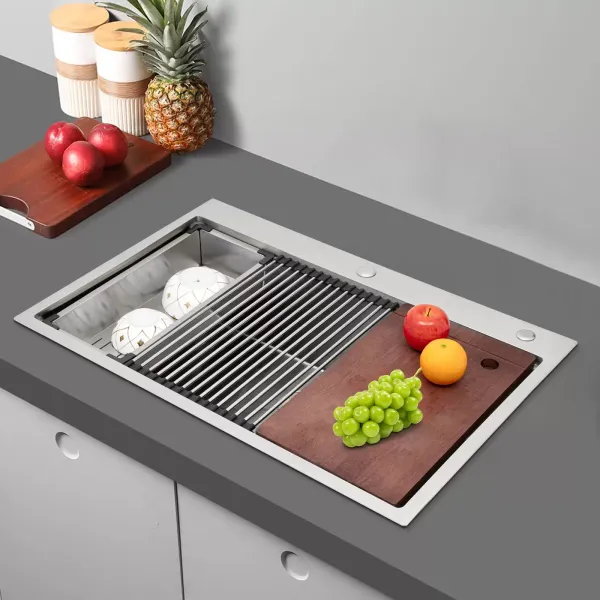 Fregadero de acero inoxidable 304, estación de trabajo, 33 pulgadas, con tabla de cortar y colador, para apartamentos, restaurantes, 83,82 x 55,88 cm