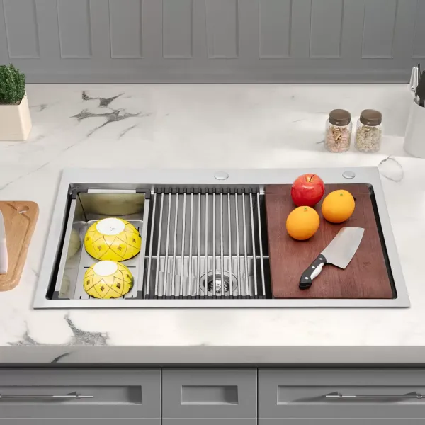 Fregadero de acero inoxidable 304, estación de trabajo, 33 pulgadas, con tabla de cortar y colador, para apartamentos, restaurantes, 83,82 x 55,88 cm Fregadero de acero inoxidable 304, estación de trabajo, 33 pulgadas, con tabla de cortar y colador, para apartamentos, restaurantes, 83,82 x 55,88 cm