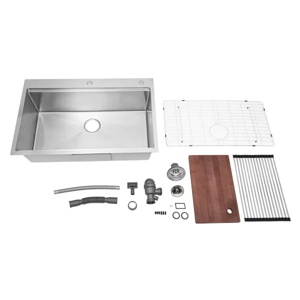 Fregadero de acero inoxidable 304, estación de trabajo, 33 pulgadas, con tabla de cortar y colador, para apartamentos, restaurantes, 83,82 x 55,88 cm