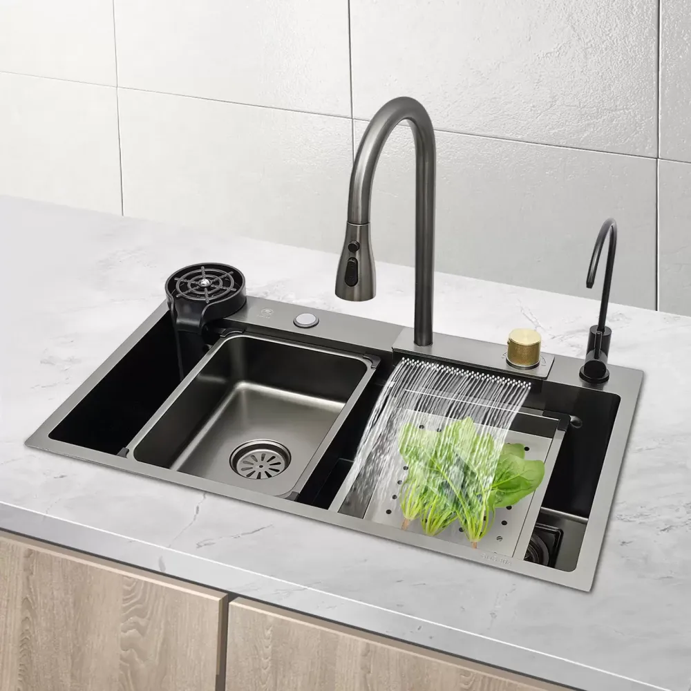 Fregadero de cocina de un solo tazón cascada de bar fregadero de acero inoxidable integrado con grifo plateado (75 cm)
