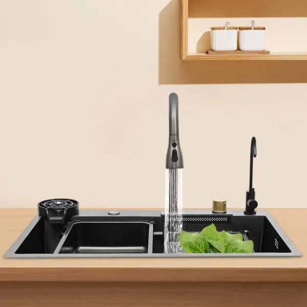 Fregadero de cocina de un solo tazón cascada de bar fregadero de acero inoxidable integrado con grifo plateado (75 cm) Fregadero de cocina de un solo tazón cascada de bar fregadero de acero inoxidable integrado con grifo plateado (75 cm)