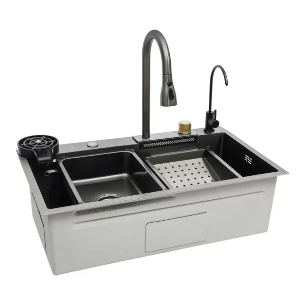 Fregadero de cocina de un solo tazón cascada de bar fregadero de acero inoxidable integrado con grifo plateado (75 cm) Fregadero de cocina de un solo tazón cascada de bar fregadero de acero inoxidable integrado con grifo plateado (75 cm)