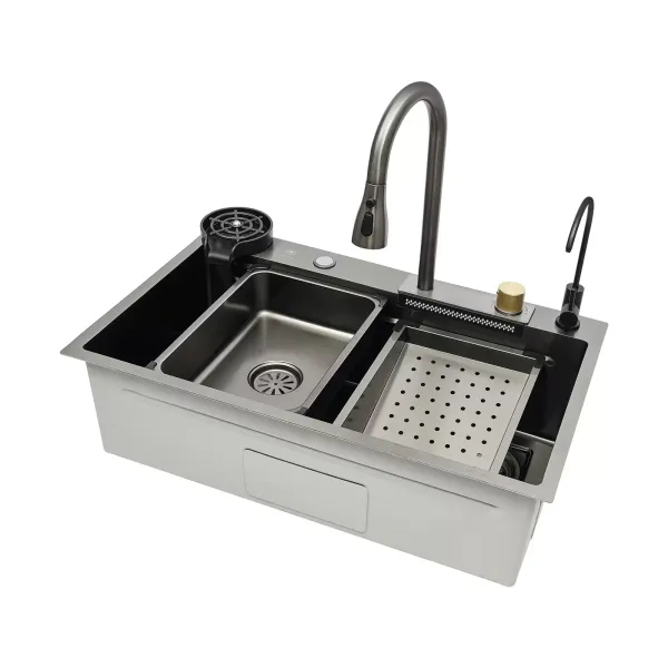 Fregadero de cocina de un solo tazón cascada de bar fregadero de acero inoxidable integrado con grifo plateado (75 cm) Fregadero de cocina de un solo tazón cascada de bar fregadero de acero inoxidable integrado con grifo plateado (75 cm)