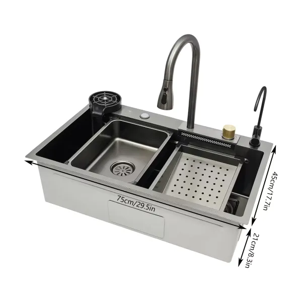 Fregadero de cocina de un solo tazón cascada de bar fregadero de acero inoxidable integrado con grifo plateado (75 cm) Fregadero de cocina de un solo tazón cascada de bar fregadero de acero inoxidable integrado con grifo plateado (75 cm)
