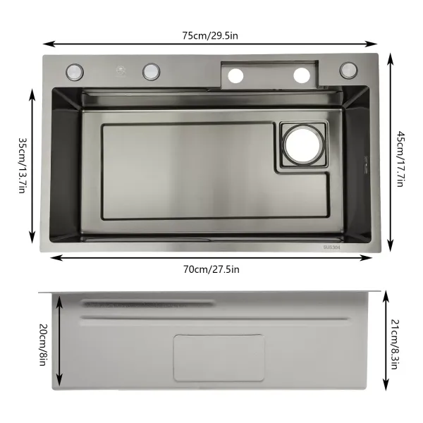 Fregadero de cocina de un solo tazón cascada de bar fregadero de acero inoxidable integrado con grifo plateado (75 cm) Fregadero de cocina de un solo tazón cascada de bar fregadero de acero inoxidable integrado con grifo plateado (75 cm)