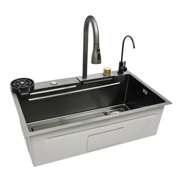 Fregadero de cocina de un solo tazón cascada de bar fregadero de acero inoxidable integrado con grifo plateado (75 cm)