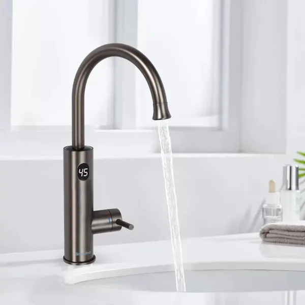3.2KW Grifos de agua caliente eléctricos, Calor rápido Calefacción instantánea, 360°, Pantalla digital inteligente, Gris
