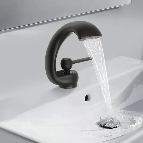 Grifo de baño en cascada, negro, grifo de lavabo moderno, lavabo de latón, grifo mezclador monomando, frío y caliente para baño