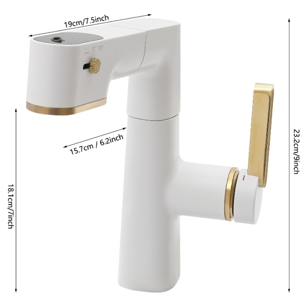Grifo de baño con tres modos de ducha extraíble para lavabo, blanco mate + oro circonio.