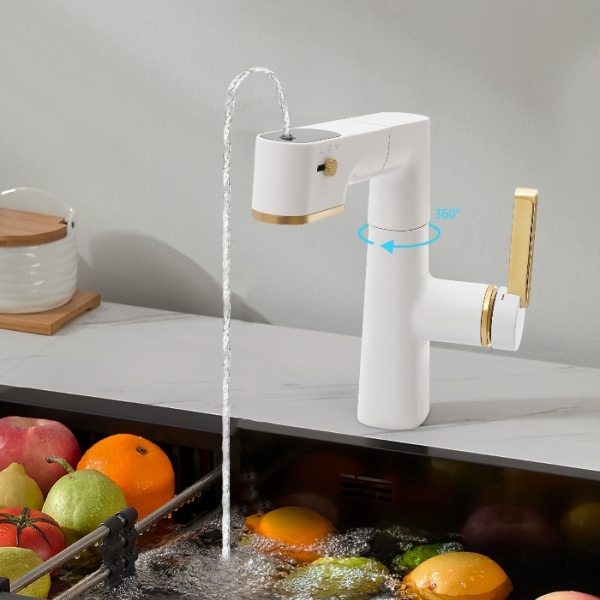 Grifo de baño con tres modos de ducha extraíble para lavabo, blanco mate + oro circonio.
