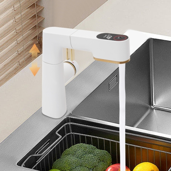 Grifo de baño con tres modos de ducha extraíble para lavabo, blanco mate + oro circonio.