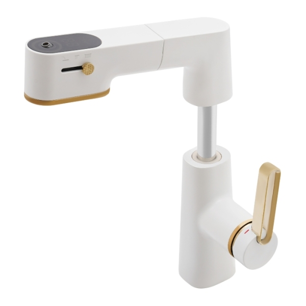 Grifo de baño con tres modos de ducha extraíble para lavabo, blanco mate + oro circonio.