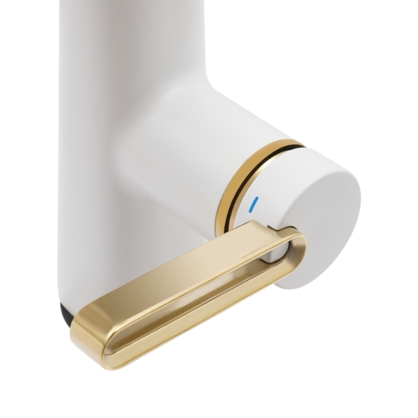 Grifo de baño con tres modos de ducha extraíble para lavabo, blanco mate + oro circonio.