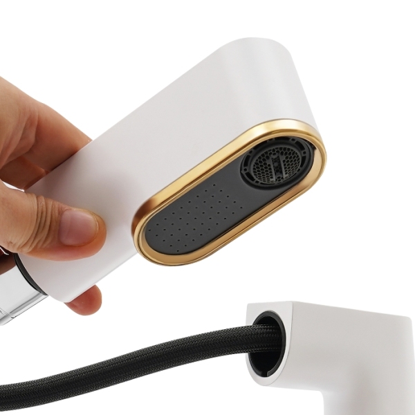 Grifo de baño con tres modos de ducha extraíble para lavabo, blanco mate + oro circonio.