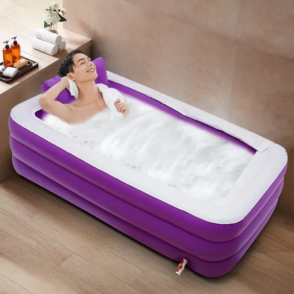 Bañera plegable para adultos, 180 x 98 x 55 cm, inflable, para adultos, spa o bañera, móvil independiente, para baño caliente/helado, lila y blanco