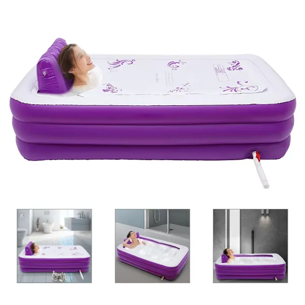 Bañera plegable para adultos, 180 x 98 x 55 cm, inflable, para adultos, spa o bañera, móvil independiente, para baño caliente/helado, lila y blanco