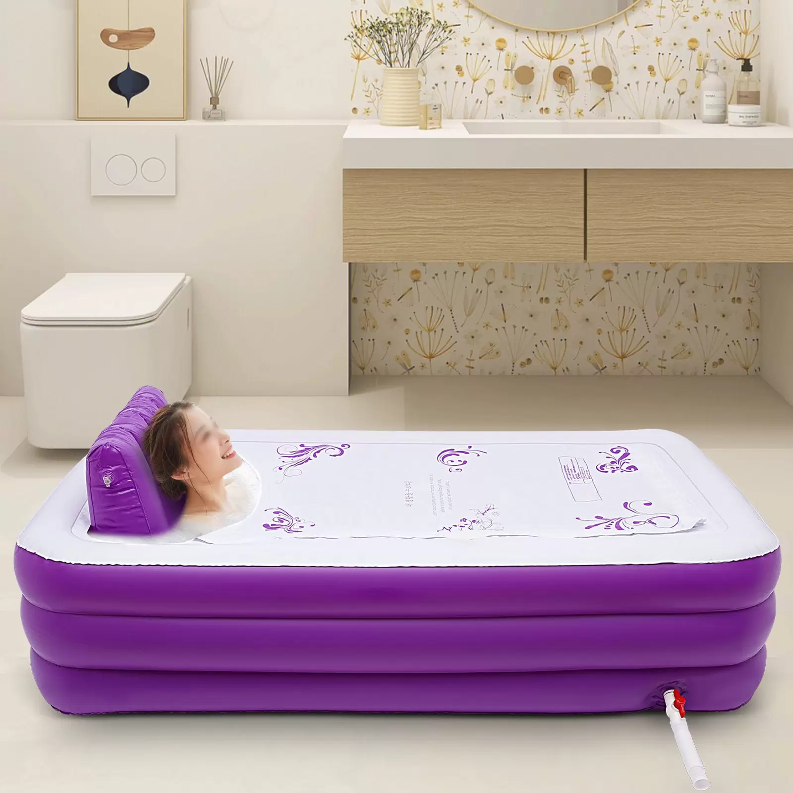 Bañera plegable para adultos, 180 x 98 x 55 cm, inflable, para adultos, spa o bañera, móvil independiente, para baño caliente/helado, lila y blanco
