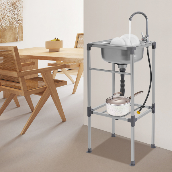 Lavabo independiente, fregadero de acero inoxidable, fregadero comercial con grifo de agua fría, Grifo giratorio de 360°