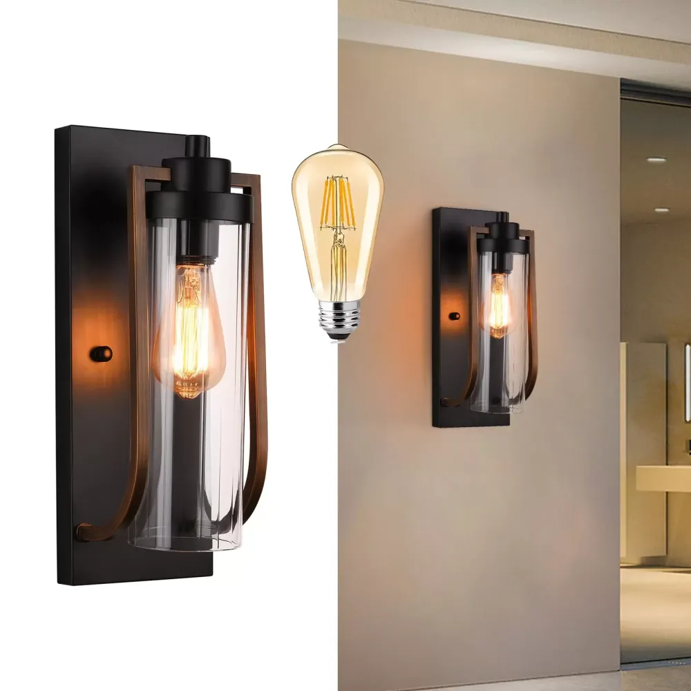 Aplique de pared moderno para granja, aplique de pared, luces de baño, acabado negro de grano de madera (E27Base)