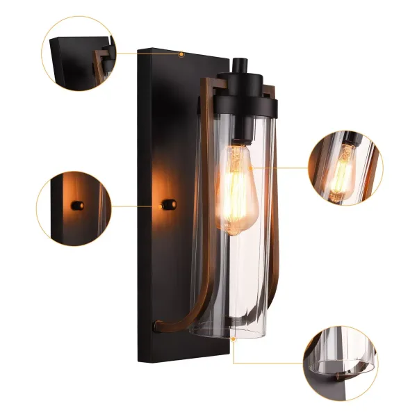 Aplique de pared moderno para granja, aplique de pared, luces de baño, acabado negro de grano de madera (E27Base)