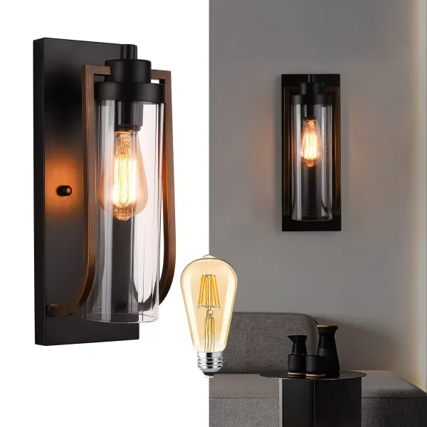 Aplique de pared moderno para granja, aplique de pared, luces de baño, acabado negro de grano de madera (E27Base)
