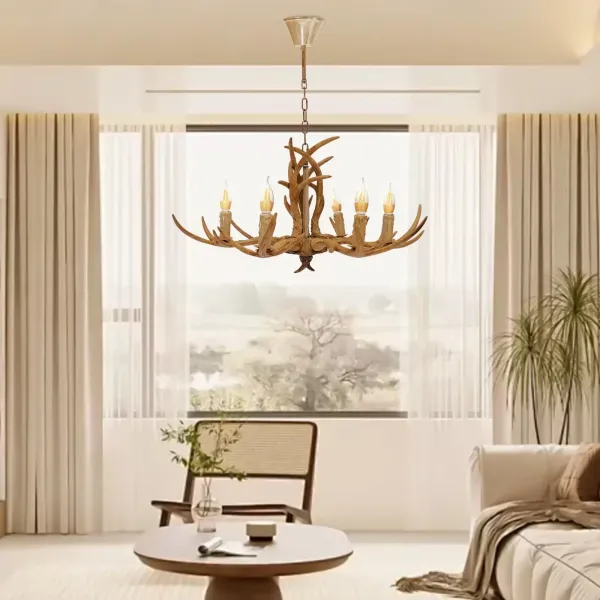 Lámpara de araña con cuernos – Vintage ciervo vela lámpara de techo antiguo dormitorio, con antler techo para salón, iluminación de pasillo, 6 luces