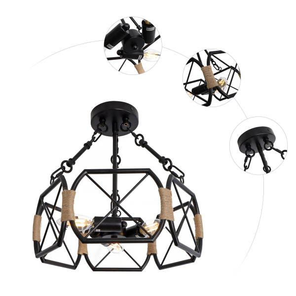 Lámpara de techo industrial, lámpara de techo rústica de granja, lámpara de techo con hexágono, negro