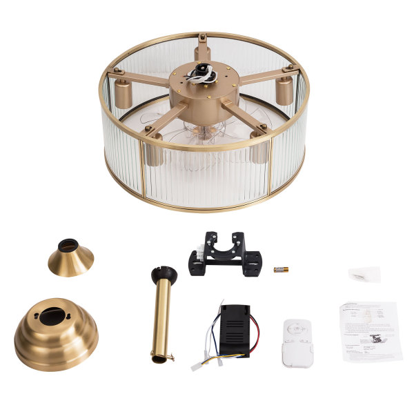 Ventilador de techo de 45 cm con jaula y control remoto, lámpara de techo industrial dorada de 5 luces para cocina, comedor e isla.