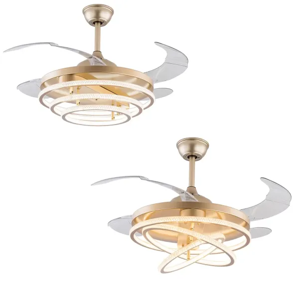 Lámpara de araña con ventilador de 42 pulgadas, tres anillos dorados, atenuación de tres colores con conversión de frecuencia y control remoto