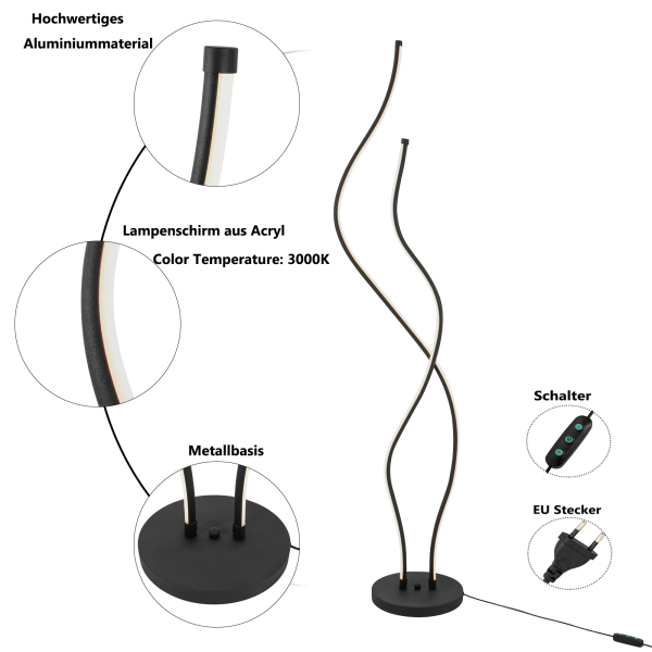 Lámpara de pie de 51,18 pulgadas Lámpara de pie en espiral LED con cable de alimentación base estable Negro