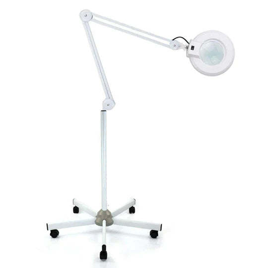 Lámpara con lupa LED de 24 W, luz fría, 5 dioptrías con lupa de pie, con soporte y ruedas, objetivo giratorio de 360 grados para esteticistas