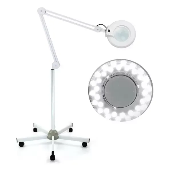 Lámpara con lupa LED de 24 W, luz fría, 5 dioptrías con lupa de pie, con soporte y ruedas, objetivo giratorio de 360 grados para esteticistas