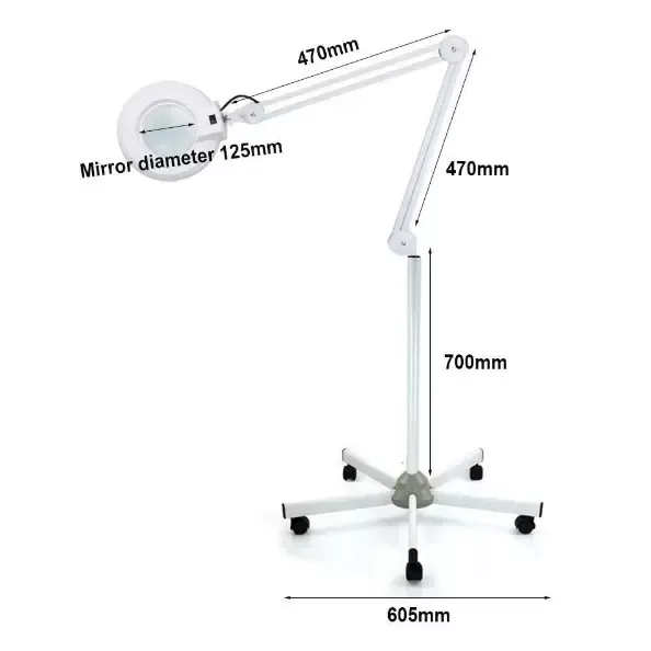 Lámpara con lupa LED de 24 W, luz fría, 5 dioptrías con lupa de pie, con soporte y ruedas, objetivo giratorio de 360 grados para esteticistas