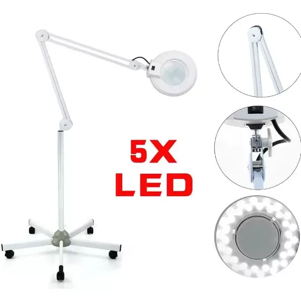 Lámpara con lupa LED de 24 W, luz fría, 5 dioptrías con lupa de pie, con soporte y ruedas, objetivo giratorio de 360 grados para esteticistas