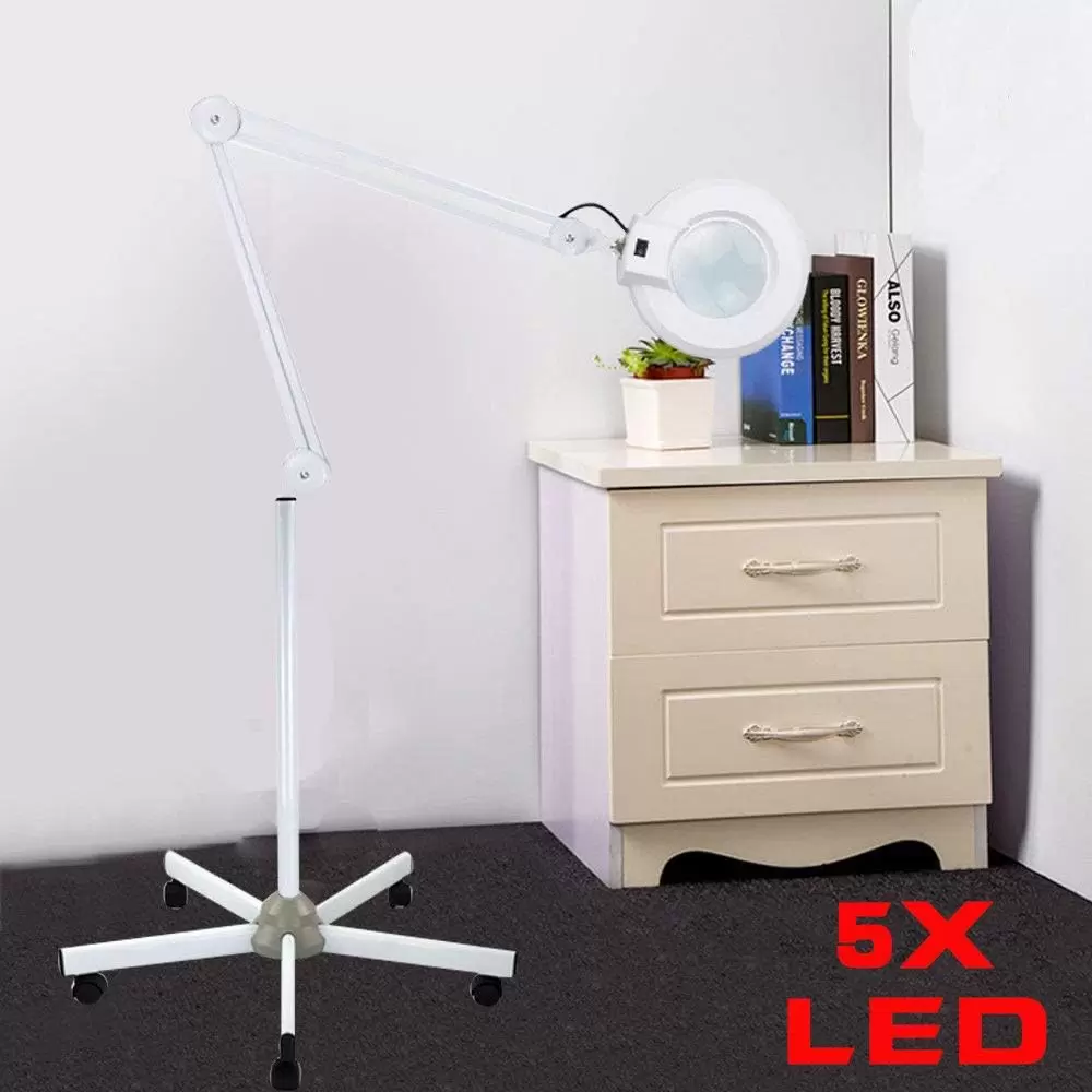 Lámpara con lupa LED de 24 W, luz fría, 5 dioptrías con lupa de pie, con soporte y ruedas, objetivo giratorio de 360 grados para esteticistas