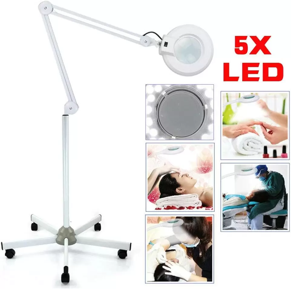 Lámpara con lupa LED de 24 W, luz fría, 5 dioptrías con lupa de pie, con soporte y ruedas, objetivo giratorio de 360 grados para esteticistas