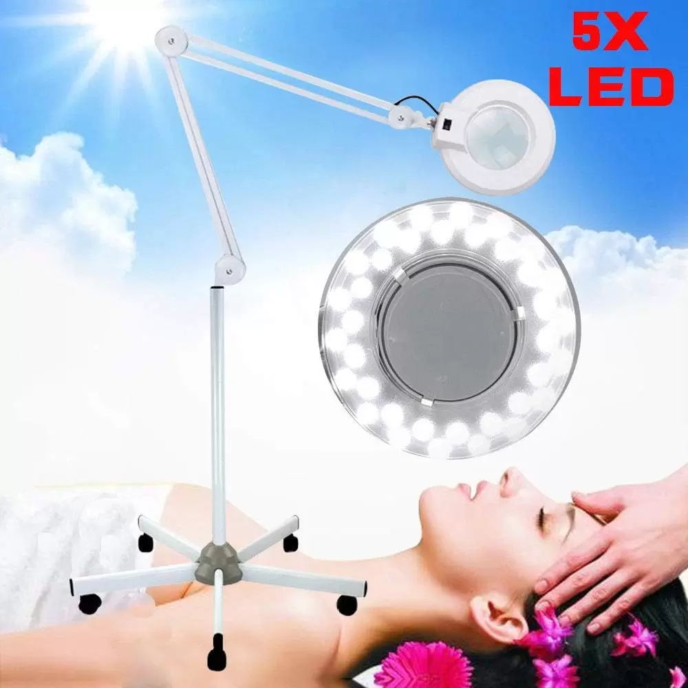 Lámpara con lupa LED de 24 W, luz fría, 5 dioptrías con lupa de pie, con soporte y ruedas, objetivo giratorio de 360 grados para esteticistas