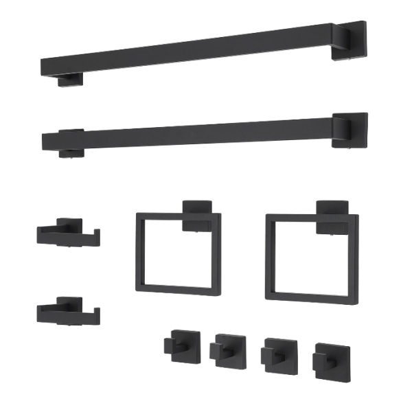 Juego de accesorios de baño de 10 piezas, toallero de pared, 60 cm, color negro