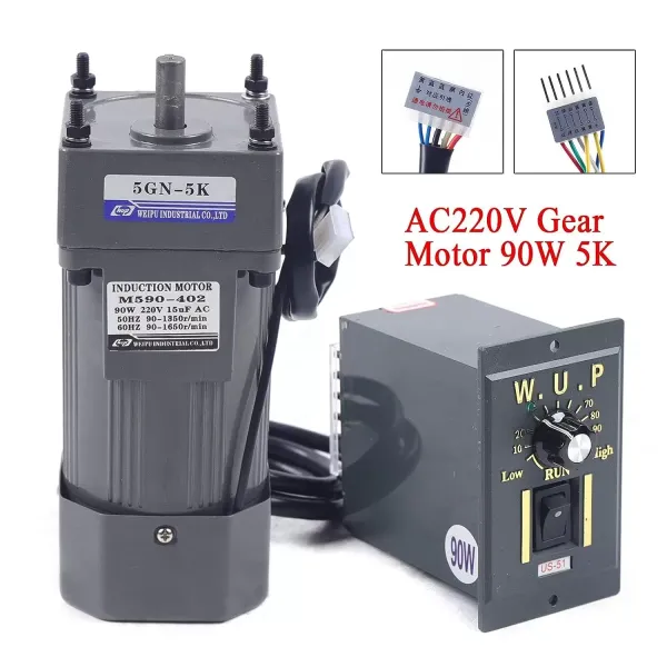 Motor eléctrico de engranaje, 90 W, 220 V CA, motor asíncrono monofásico + regulador de velocidad (5 K)