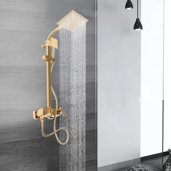 Sistema de ducha dorado, gran ducha de lluvia, juego de ducha con ducha de mano, montado en la pared, columna de ducha de latón, 20 x 20 cm