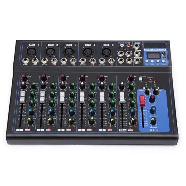 Mezclador de audio con 7 canales, Bluetooth, USB, 48 V, alimentación fantasma, para guitarristas, cantantes o productores, grabadora