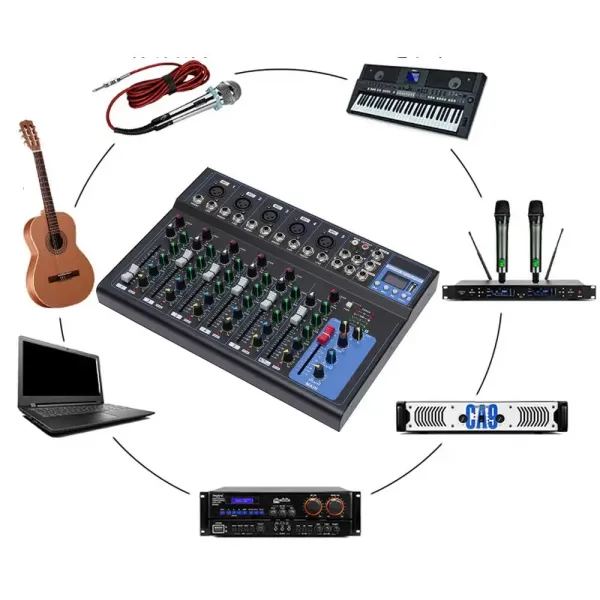 Mezclador de audio con 7 canales, Bluetooth, USB, 48 V, alimentación fantasma, para guitarristas, cantantes o productores, grabadora