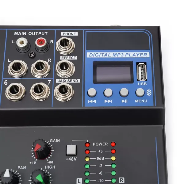 Mezclador de audio con 7 canales, Bluetooth, USB, 48 V, alimentación fantasma, para guitarristas, cantantes o productores, grabadora Mezclador de audio con 7 canales, Bluetooth, USB, 48 V, alimentación fantasma, para guitarristas, cantantes o productores, grabadora